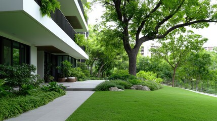 Naklejka premium Modern apartment building garden, lush greenery, city view, relaxing patio