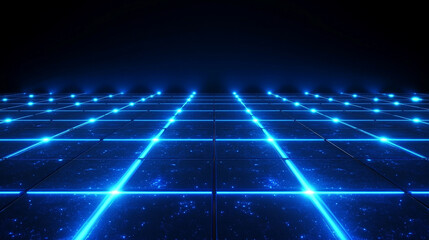 Abstract blue grid design with futuristic lighting, symbolizing technology, connectivity, and innovation. A perspective view creating a sense of depth and motion, representing the future landscape of 
