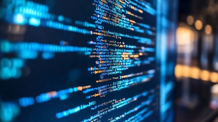 Glowing Blue Code Streams Across Screen. AI Generated