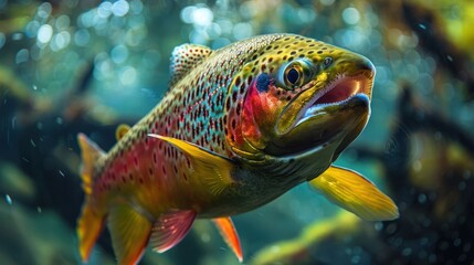 Fototapeta premium Vibrant trout swimming gracefully through a lush underwater environment, bubbles rising
