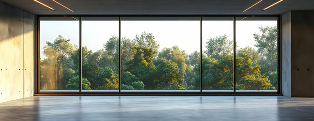 Naklejka premium Modern room, forest view, sunrise