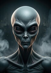 Mysterious Alien Encounter: A Close-Up Portrait of a Grey Extraterrestrial Being Surrounded by a Mystical Atmosphere