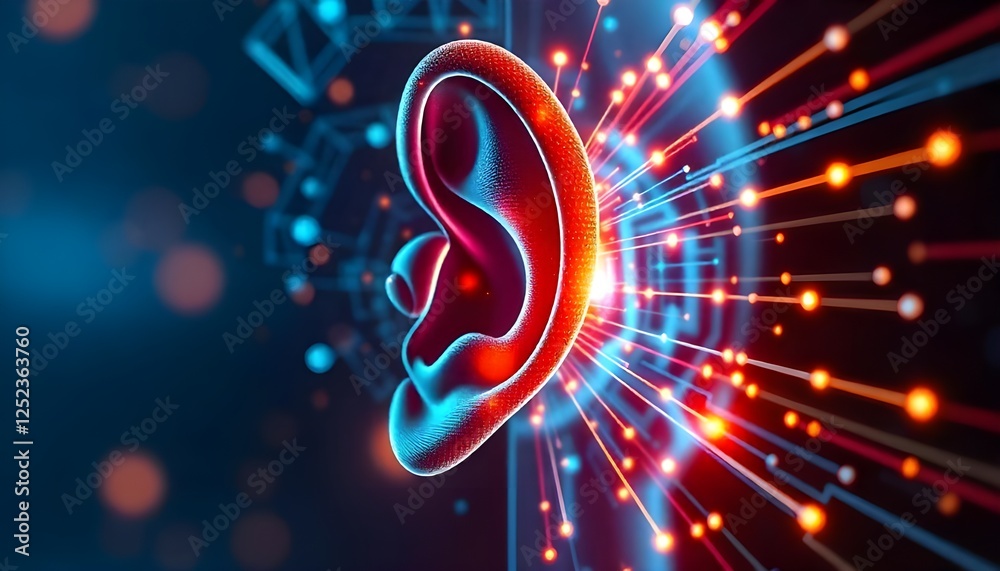 Poster world hearing day an abstract digital visualization of a human ear receiving vibrant, glowing digita