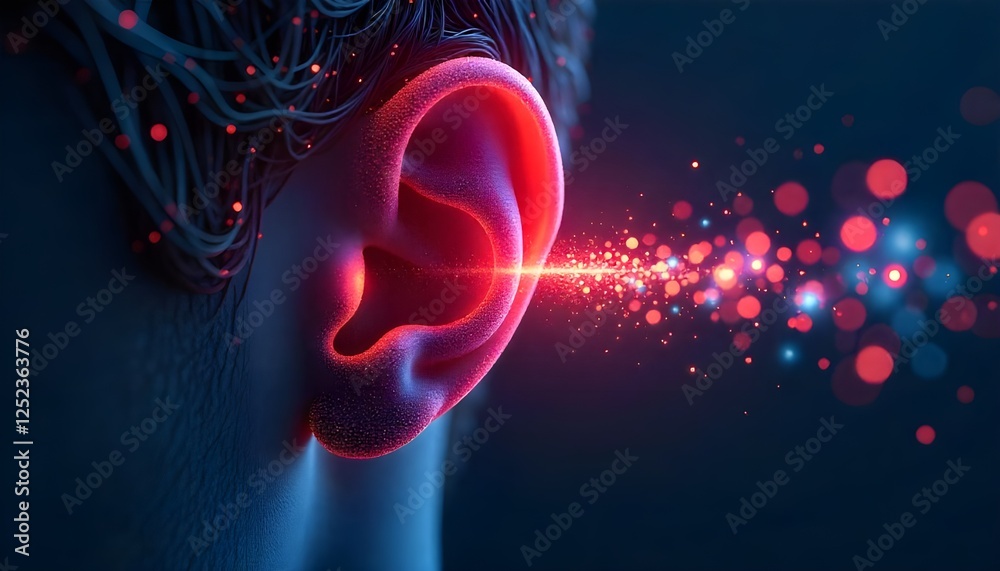 Poster world hearing day an abstract digital visualization of a human ear receiving vibrant, glowing digita