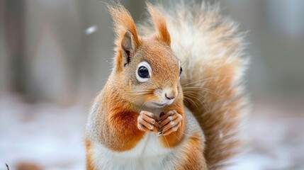 Fototapeta premium Close-up of a curious squirrel holding a nut in a snowy forest, with blurred trees in the background