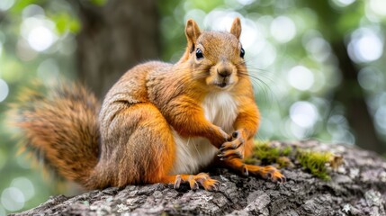 Fototapeta premium Close-up of a curious squirrel perched on a tree branch in a lush green forest setting