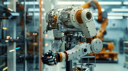 Fototapeta premium close up view of industrial robotic arm showcasing advanced technology and precision in manufacturing environment. scene conveys innovation and efficiency
