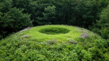 Circular grassy mound in a forest, natural art form, tranquil landscape, nature's design, perfect circle