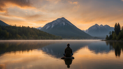 Serene Mountain Meditation: A lone figure sits in deep meditation on a rock amidst a serene mountain lake at sunrise, the surrounding landscape bathed in a soft, golden light.