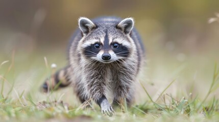 Fototapeta premium A raccoon walking through a grassy area, showcasing its distinctive features.