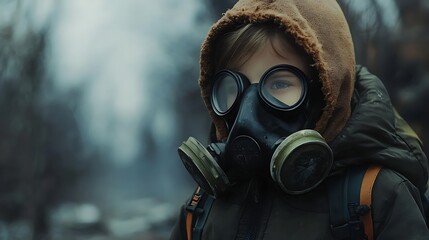 Child wearing a gas mask in a fantasy smog-filled environment, soft focus