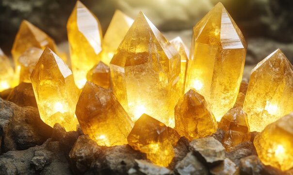 Glowing Citrine Crystals in Dark Cave;  Spiritual, Mystical Background