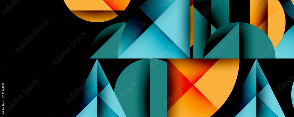 Poster Abstract geometric background with layered gradient shapes forming dynamic patterns. Overlapping semi circles and triangles create depth and contrast