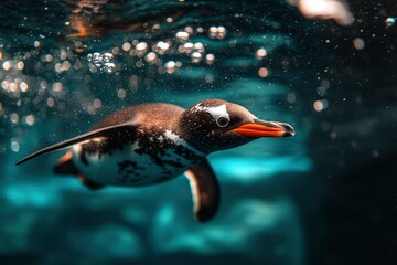 Obraz premium Penguin dives underwater in aquarium; bubbles rise, aquatic environment, wildlife use