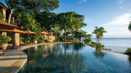 Obraz premium Resort featuring an infinity pool, tropical garden, and sea views in morning light.