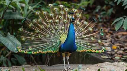 Obraz premium Vibrant peacock displaying its colorful feathers in a lush garden setting