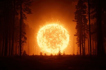 Sun blazing forest, light show, environmental concept