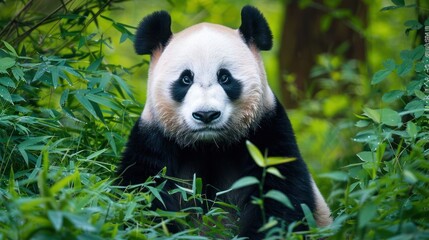 Obraz premium Close-up of a panda sitting amidst lush green foliage, showcasing its curious expression in nature