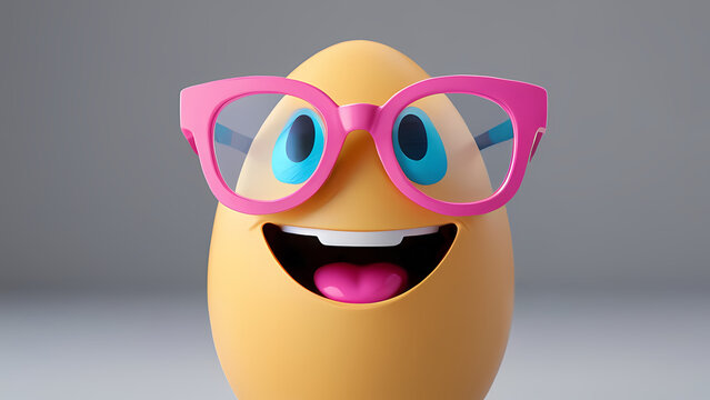 Cheerful egg character wearing bright pink glasses smiles against a plain background