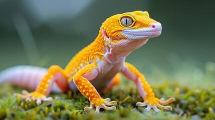 Obraz premium Vibrant orange gecko perched on lush green moss, showcasing its unique patterns and colors