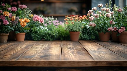 Fototapeta premium Elegant wooden tabletop with blurred florist shop interior displaying a variety of floral designs