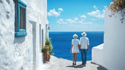 Older couple admiring sea view from whitewashed houses on a sunny day.