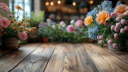 Light oak wooden surface with blurred flower shop featuring pastel floral arrangements