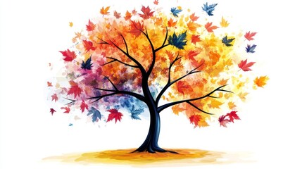 Colorful autumn tree, leaves falling, white background, seasonal design