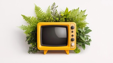 Vintage Yellow Television Surrounded by Lush Greenery. Generative AI