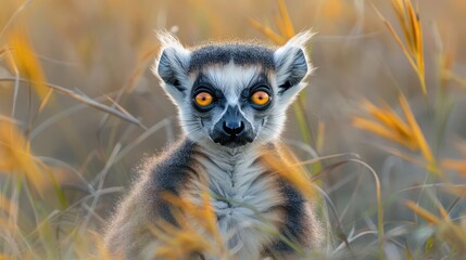 Fototapeta premium Close-up of a curious lemur with striking eyes amidst golden grass in a serene environment