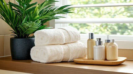 White towel neatly placed on wooden shelf in a serene and clean bathroom environment