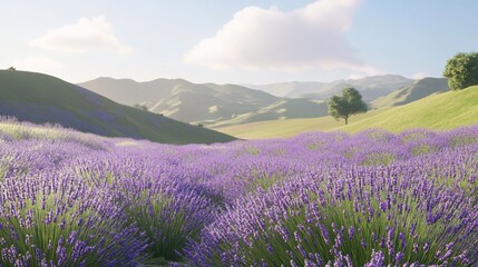 Fototapeta premium Lavender field sunrise, rolling hills, idyllic landscape, calm