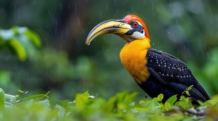 Obraz premium Colorful hornbill perched on lush foliage in rain, showcasing vibrant plumage and natural habitat