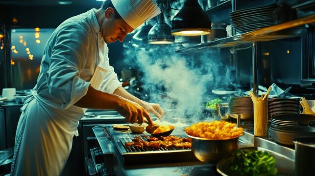 A chef in a bustling kitchen preparing a gourmet dish with a variety of fresh ingredients, Restaurant kitchen scene, Culinary mastery style