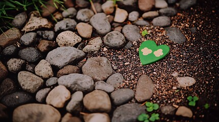Green Heart Shaped Stone on Pebble Ground