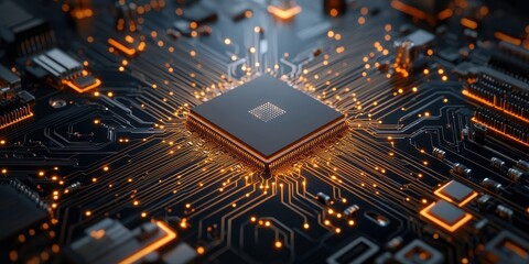 A close-up of a microchip surrounded by glowing circuitry, showcasing the intricate connections and modern technology.