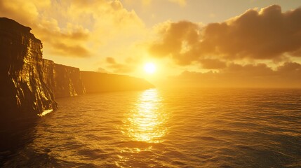 Golden sunset over ocean cliffs, serene coastal landscape
