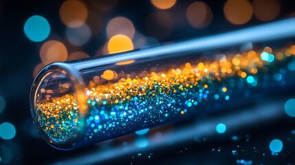 Macro shot of a test tube packed with vibrant glitter particles glowing in blue and green hues