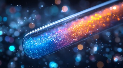 Macro shot of a test tube packed with vibrant glitter particles glowing in blue and green hues