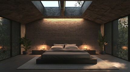 Earthy Loft Bedroom with Large Skylights and Natural Light