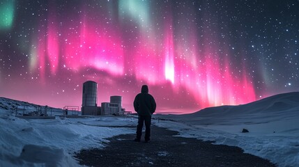 Fototapeta premium A solitary man standing in a snowy landscape gazes in awe at the vibrant and colorful aurora borealis illuminating the night sky creating a magical and serene winter atmosphere