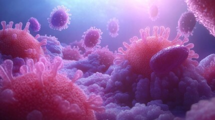 Fototapeta premium Detailed Microscopic View of Pink and Purple Viruses Floating in a Blue Environment with Intricate Cellular Structures