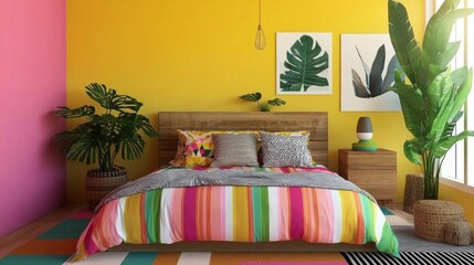 Vibrant Bedroom with Funky Patterns and Cheerful Color Palette