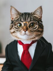 A stylish cat wearing glasses and a suit with a tie, exuding a humorous and professional vibe.