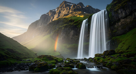 Majestic Waterfall with Rainbow in Iceland Mountain Landscape Scenery
