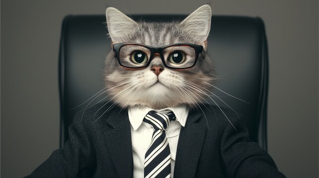 A humorous image of a cat dressed in a suit and glasses, sitting confidently in an office chair, embodying a quirky business persona.