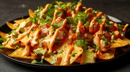 A plate of nachos topped with fresh vegetables and sauces, ready to be enjoyed.