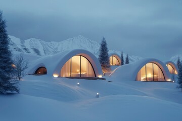 Igloo-like houses with lights in snowy mountains at night for winter vacation