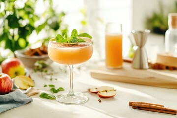 Fototapeta premium Crisp apple cider with cinnamon in a rustic setting with fresh ingredients