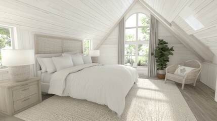Bright Attic Bedroom with Slanted Ceiling and Cozy Atmosphere